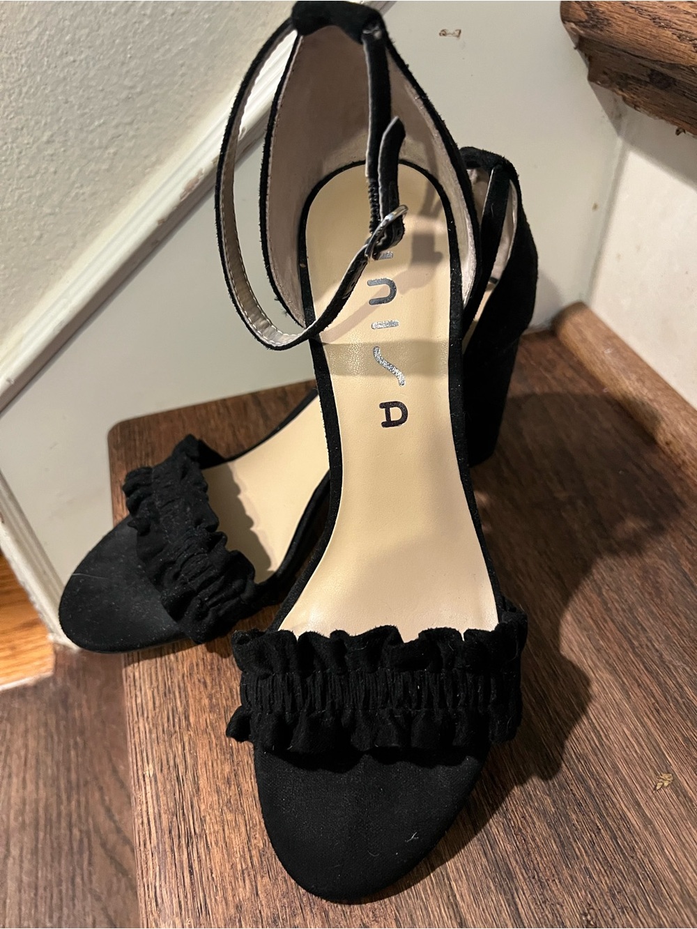 Unisa Black Ruffled Ankle-Strap Block Heels - Picture 2 of 5